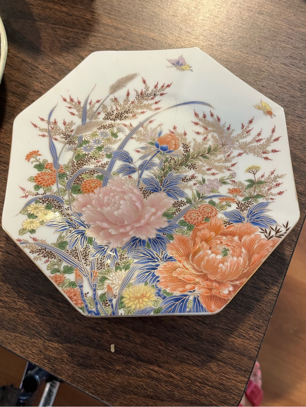 Floral Octagonal Decorative Plate in Pink, Orange, Blue